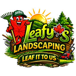 Leafy's Landscaping emblem — a friendly red maple-leaf mascot